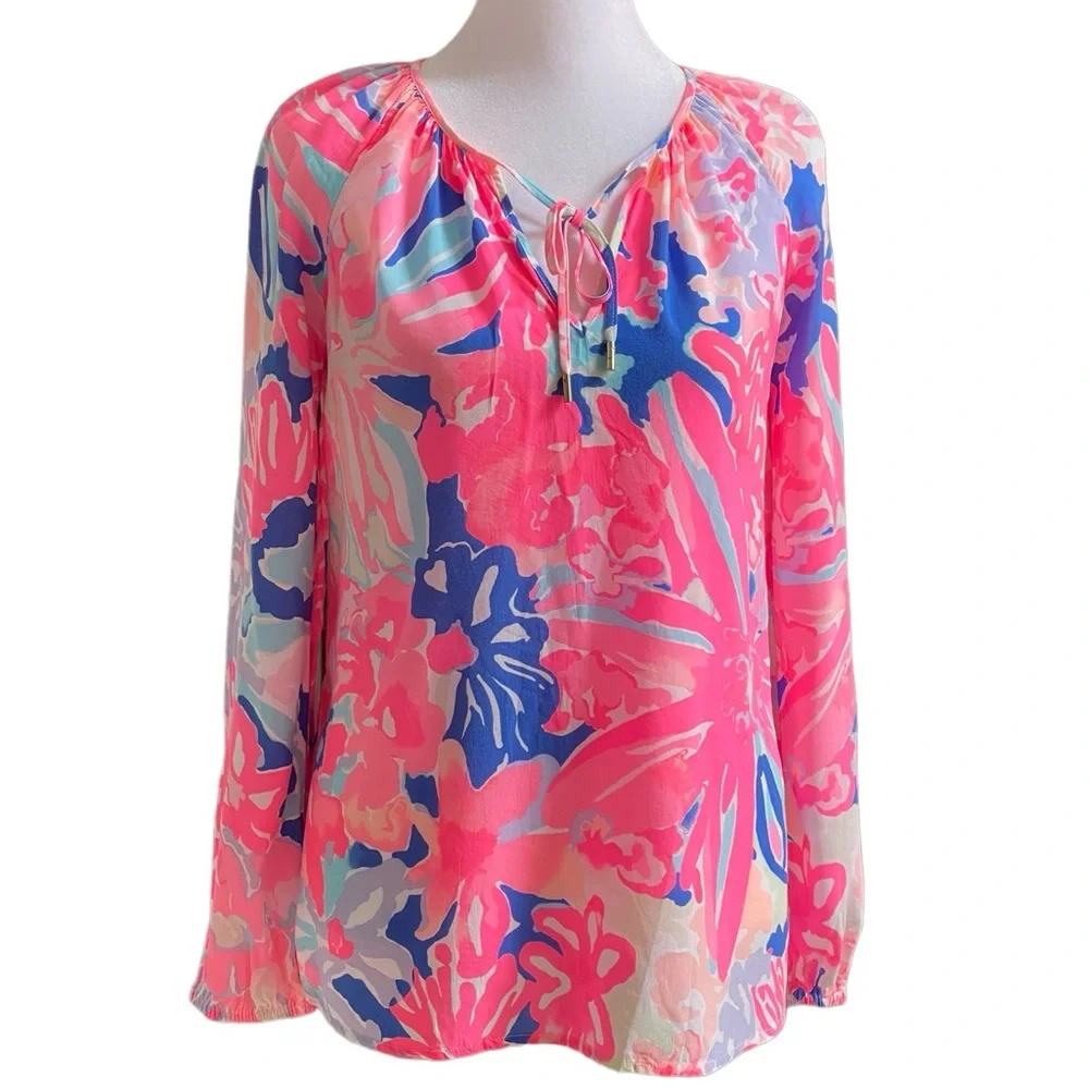 Lilly Pulitzer Playa Hermosa Willa Top Neon Pink Blues White Sz XS Long Sleeves - Picture 3 of 14